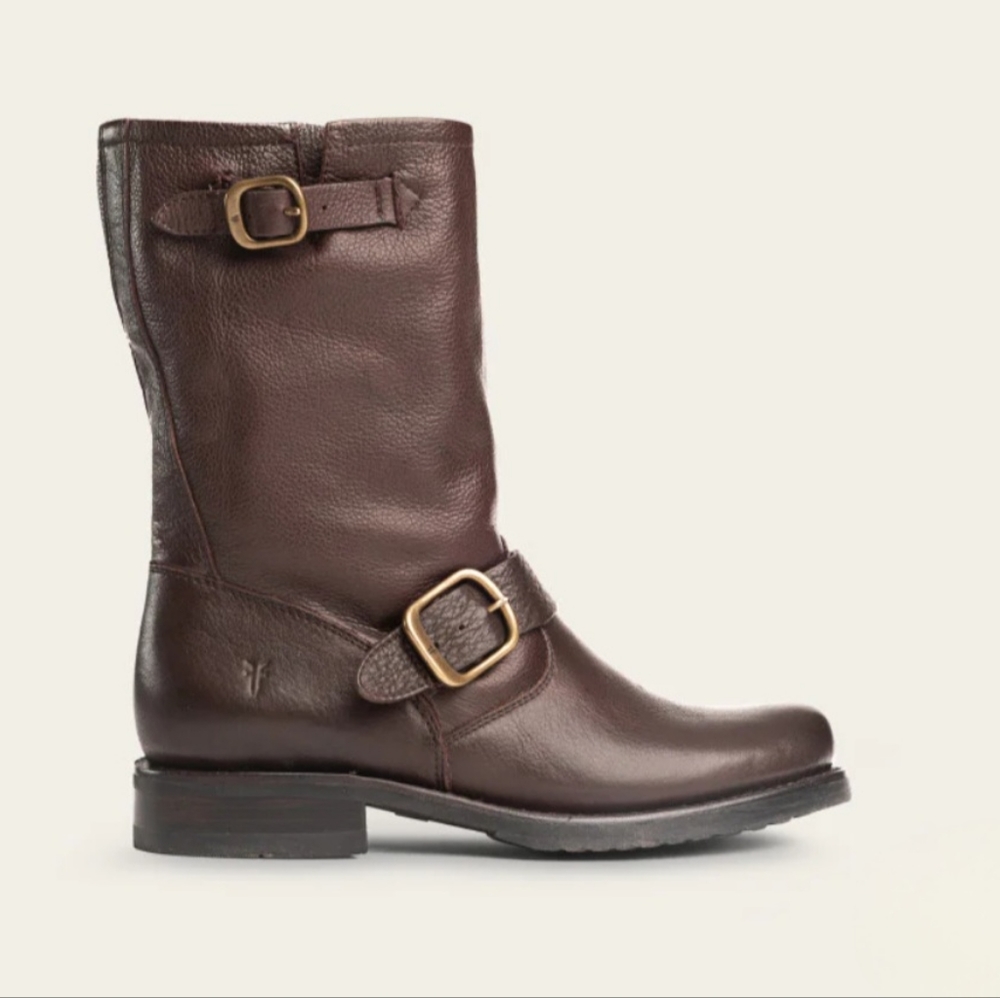 Frye Veronica Brown Leather Buckle Short Moto Slouchy Boots Women's Size 8.5